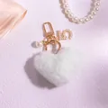 Plush heart keychain in soft green with golden pearl number 5 charm for bag - Mint Green