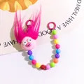 Detail of pink fluffy plush keychain with colorful beads and painted metal hook - Pink Figure with Magenta Hair (yc5279-2)