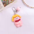 Close-up of cute pink cartoon keychain with yellow hair, red lips and a soft pompom - Pink (yc5288-4)