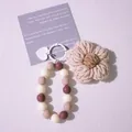 Handmade crochet flower keychain with colorful matte beads and heart charm accessory - Light Coffee