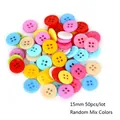 Detailed view of 15mm colorful four-hole resin buttons in a random mixed 50pcs lot - Diameter 15mm x Thickness 2mm (50 Pieces/Pack) / Random Mixed Colors