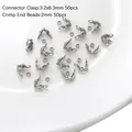 Silver stainless steel 3.2x6.3mm connector clasps and 2mm crimp end beads for jewelry DIY - 3.2x6.3mm & 2mm (100 Pieces/Pack) / Silver