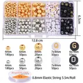 Gedetailleerde infographic van 10-vaks DIY sieradenset met gouden kralen en elastisch koord - Gemengde Ronde Kralen Letter Kralen Koord (BDH200-BDH201)