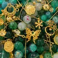 DIY jewelry kit with green mixed glass beads and golden alloy butterfly charms - 30g/Pack / Forest Green
