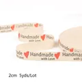 Ruban en coton beige avec texte Handmade with Love et cœurs rouges, 2cm pour bricolage - Handmade with Love & Cœur (#52)