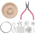 DIY jewelry kit with pink pliers, wooden bead bowl and stainless steel hardware - Basic Material Kit And Needle Nose Pliers And Round Bead Tray