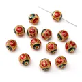 Goldene Cloisonné-Emaille-Perle mit bunten Blumenmustern und chinesischen Schriftzeichen - Farbserie - Frieden und Freude Rundperle / 1 Stück (Durchmesser 10mm/Loch 1.5mm) / Rot und Grün
