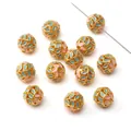 Goldene Cloisonné-Hohlperle mit rosa und blauem Emaille für DIY-Schmuckherstellung - Farbserie - Blattschmuck-Rundperle / 1 Stück (Durchmesser 10mm/Loch 1.6mm) / Hellblau