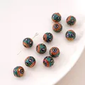 Retro Cloisonne Emaille Perlen mit Mantra Symbolen für DIY Schmuckherstellung - Buddhismus-Serie - Mantra-Rundperle mit sechs Zeichen / 1 Stück (Durchmesser 10mm/Loch 1.5mm) / Grün