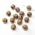Goldene Legierungsperle mit blauem Emaille und religiösem Muster für DIY Schmuck - Buddhismus-Serie - Wan-Symbol-Rundperle / 1 Stück (Durchmesser 10mm/Loch 1.5mm) / Blau