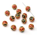 Emaillierte Legierungsperlen mit chinesischen Schriftzeichen in Gold für DIY-Schmuck - Farbserie - Glück und Wohlstand Rundperle / 1 Stück (Durchmesser 10mm/Loch 1.5mm) / Rot und Grün