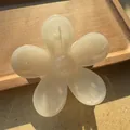 Macro shot of cream floral hair claw clip on wooden tray with natural sunlight shadows - Off-white
