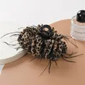 Pinza de pelo retro con estampado de leopardo y plumas negras para peinados elegantes - Ivory White Leopard