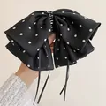 Elegante pinza para el pelo con lazo negro de lunares y cintas largas para mujer - Negro