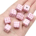 Pink and white gingham acrylic cube beads for DIY jewelry making and bracelets - 14x14mm / Pink Gingham Cube / 2 Pcs/Set