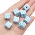 Blue and white checkered acrylic cube bead for DIY jewelry making on hand - 14x14mm / Blue Gingham Cube / 2 Pcs/Set