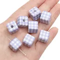 Acrylic purple gingham square beads with drill holes for DIY jewelry making - 14x14mm / Purple Gingham Cube / 2 Pcs/Set