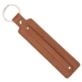 Brown leather rectangular keychain with silver ring and beige contrast stitching - Tan