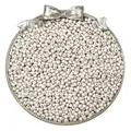 Pearlescent white seed beads for DIY jewelry displayed on a silver decorative tray - Matte Silver