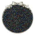 Iridescent glass seed beads in metallic rainbow colors displayed on a silver tray - Mineral Green