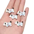 Five small white ceramic puppy buttons with blue spots and black ears for DIY crafts - Sky Blue Spotted Dog