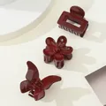 3-piece set of wine red matte hair claws in butterfly, flower and rectangular shapes - Three Piece Glossy Wine Red Shaped Mix (1038)