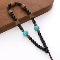 Llavero étnico con cuentas de madera de wengué y detalles turquesas en cordón marrón - Cuentas Redondas Verdes con Madera de Wengué (Estilo 08) / 1 unidad/paquete (longitud aprox. 12-14cm)