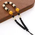 Llavero artesanal con cuentas de madera de ala de pollo y esferas de resina amarilla - Cuentas Redondas Amarillas y de Barril Blancas (Estilo 11) / 1 unidad/paquete (longitud aprox. 12-14cm)