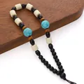 Cordón artesanal de madera con cuentas de turquesa y acabado de cuerda trenzada a mano - Cuentas Redondas Verdes y de Barril Blancas (Estilo 12) / 1 unidad/paquete (longitud aprox. 12-14cm)