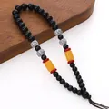 Pulsera trenzada a mano con cuentas negras y detalles en ámbar sintético amarillo - Cuentas de Barril Amarillas con Bodhi Estrella-Luna (Estilo 13) / 1 unidad/paquete (longitud aprox. 12-14cm)