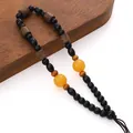 Llavero de madera de ala de pollo hecho a mano con cuentas de ámbar y cordón trenzado - Cuentas Redondas Amarillas con Madera de Wengué (Estilo 14) / 1 unidad/paquete (longitud aprox. 12-14cm)