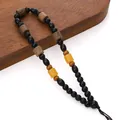 Llavero trenzado de madera de wengué con cuentas negras y detalles decorativos amarillos - Cuentas de Barril Amarillas con Madera de Wengué (Estilo 16) / 1 unidad/paquete (longitud aprox. 12-14cm)