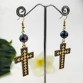 Vintage gold cross earrings with purple iridescent bead and geometric pattern detail - Houndstooth Purple Luster Pearl Style (HWX976-1)