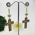 Vintage cross drop earrings with light green pearl and geometric pattern on metal stand - Geometric Weave Light Green Pearl Style (HWX976-3)