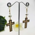 Vintage gold cross earrings with pearls and black geometric lattice patterns - Geometric Argyle Cream White Pearl Style (HWX976-4)