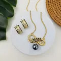 Infinity MOM pearl necklace and engraved floral hoop earrings gift set for women - Necklace And Earrings (Dark Gray Bead)