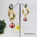 Detail of 18K gold-plated hoop earrings featuring deep pink pearl charms and polished finish - Deep Pink Pearl Style (HWX958-8)