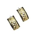 Gold semi-hoop stud earrings with vintage floral hollow engraving on white background - Earrings