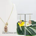 Parure tropicale avec collier pendentif perle marron et boucles d'oreilles feuille - Style Rouge Brun (HWNX9904-9)