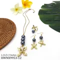 14k vergulde sieradenset met donkergrijze parelbloem ketting en oorbellen voor dames - Kleurrijke Parel Stijl (HWNX9954-2)