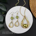 Hawaiian scroll jewelry set with olive green shell pearls and gold plated necklace - Olive Green Pearl Hollow Teardrop Style (HWNX9438-5)