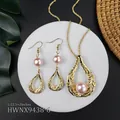 Hawaiian scroll necklace and earring set with pink pearls in gold-tone finish - Pink Pearl Hollow Teardrop Style (HWNX9438-6)