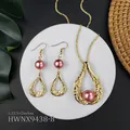 Hawaiian gold scroll teardrop jewelry set with pinkish-purple pearls and long chain - Pinkish Purple Pearl Hollow Teardrop Style (HWNX9438-8)