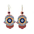Hamsa Hand and Evil Eye acrylic drop earrings with colorful geometric patterns for women - Red Painted Hexagram