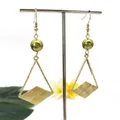 Golden geometric earrings with olive green faux pearl and textured diamond pendants - Olive Green(HWX150-5)