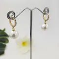 Elegant gold huggie earrings with sparkling stones and large round white pearl pendants - Bright White (HWX924-4)