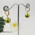 Detail of gold huggie earrings with green pearl pendant and sparkling cubic zirconia stones - Grass Green (HWX924-5)