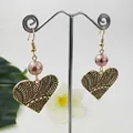 Bohemian heart earrings with geometric tribal patterns and purple pearls in gold finish - Pink Purple Bead Style (HWX934-2)