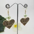 Bohemian heart earrings with green imitation pearls and geometric black etched patterns - Light Green Bead Style (HWX934-3)