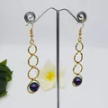 Exaggerated geometric gold circle drop earrings with purple natural shell pearls - Deep purple